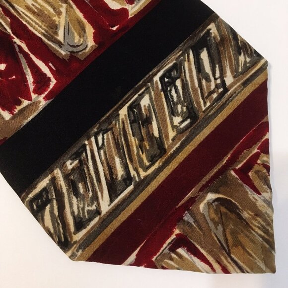 We Care Neck Tie 100% Silk Geometric Abstract Men's Burgundy Green Gold Black - Picture 3 of 7